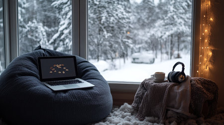 A cozy corner with a bean bag chair, open laptop, headphones, and a cup of hot chocolate, creating a relaxed remote work environmentの素材