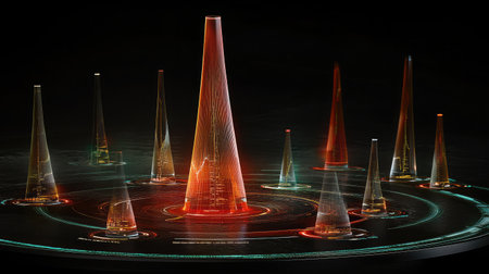 A futuristic holographic interface displaying data analytics and growth charts, representing advanced business strategiesの素材