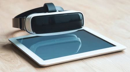 A digital tablet displaying a virtual reality headset, illustrating the convergence of digital tools in modern businessの素材