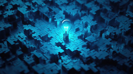 A digital puzzle with pieces forming a lightbulb, illustrating assembling ideas to create innovationの素材