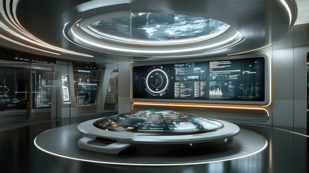 A futuristic holographic interface displaying data analytics and growth charts, representing advanced business strategiesの素材