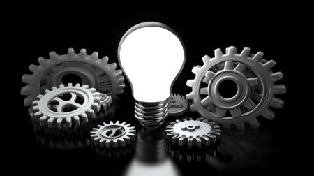 A glowing lightbulb surrounded by interconnected gears, symbolizing the fusion of ideas and mechanics in business innovationの素材