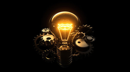 A glowing lightbulb surrounded by interconnected gears, symbolizing the fusion of ideas and mechanics in business innovationの素材