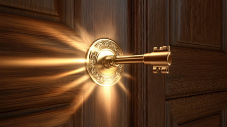 A key unlocking a door, symbolizing leadership opening opportunities and solutionsの素材