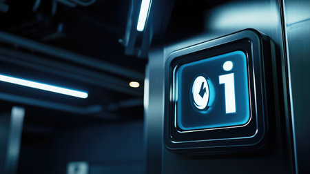 A glowing information i icon on a sleek kiosk, representing accessible customer informationの素材