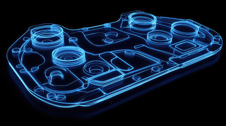 A holographic blueprint of a new product design, symbolizing the planning stage of innovationの素材