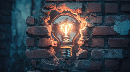 A lightbulb breaking through a brick wall, illustrating disruptive innovation overcoming barriersの素材
