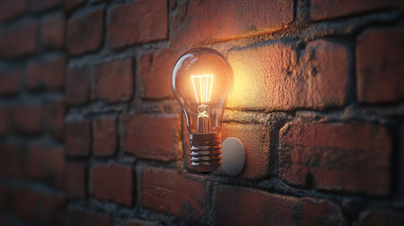A lightbulb breaking through a brick wall, illustrating disruptive innovation overcoming barriersの素材