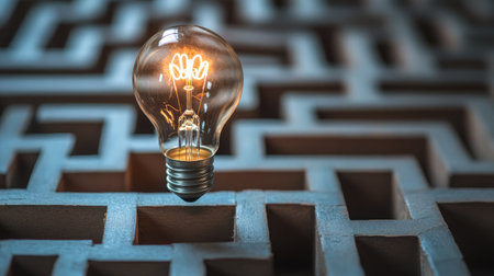 A lightbulb floating above a maze, symbolizing finding innovative solutions to complex problemsの素材