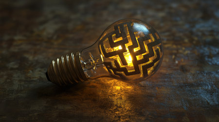 A lightbulb with a labyrinth inside, representing navigating complex ideas to reach innovationの素材