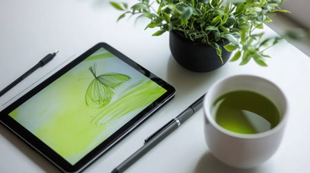 A minimalist workspace with a tablet displaying a digital sketch, stylus, and a cup of green tea, highlighting creative remote workの素材