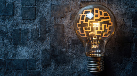 A lightbulb with a labyrinth inside, representing navigating complex ideas to reach innovationの素材