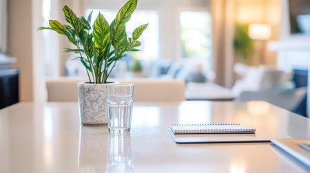 A modern kitchen island transformed into a workspace, featuring a laptop, notepad, and a glass of water, blending home life with remote workの素材