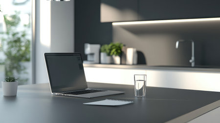 A modern kitchen island transformed into a workspace, featuring a laptop, notepad, and a glass of water, blending home life with remote workの素材