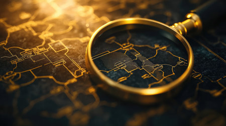 A magnifying glass hovering over a flowchart, representing detailed analysis and process mappingの素材