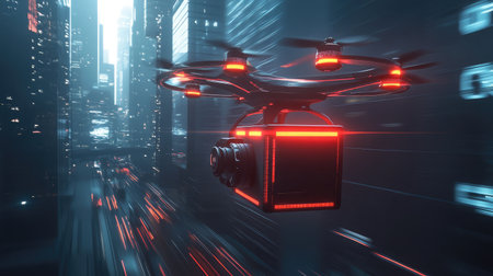 A package being placed into a drone, illustrating futuristic delivery methods in e-commerceの素材