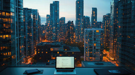 A panoramic view of a city skyline from a high-rise apartment, with a sleek desk setup including a laptop and notepad, symbolizing urban remote workの素材