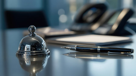 A polished service counter with a neatly arranged bell and pen, symbolizing readiness to assist customersの素材