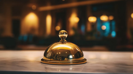 A polished call bell on a hotel reception counter, symbolizing attentive serviceの素材