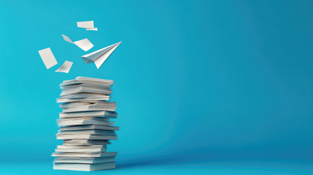 A paper airplane launching from a stack of documents, symbolizing innovative ideas taking flight from traditional foundationsの素材