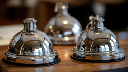 A polished service counter with a neatly arranged bell and pen, symbolizing readiness to assist customersの素材