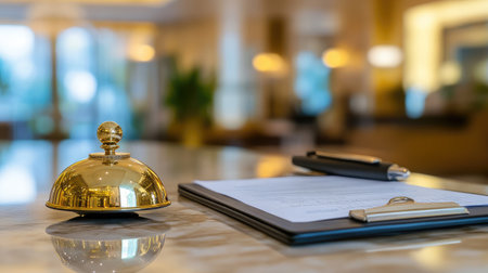 A polished service counter with a neatly arranged bell and pen, symbolizing readiness to assist customersの素材