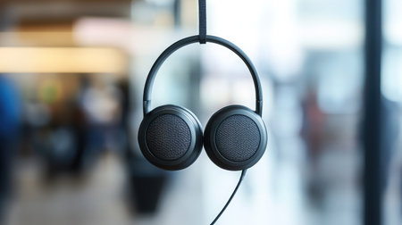 A sleek headset hanging on a modern office cubicle, symbolizing readiness for customer callsの素材