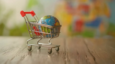 A shopping cart icon with a globe in the background, representing the global reach of e-commerceの素材