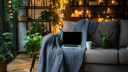 A spacious living room with a comfortable sofa, open laptop, and a cozy blanket, illustrating a casual remote work environmentの素材