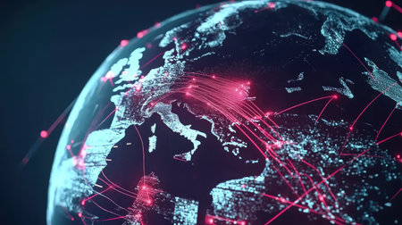 A stylized globe with interconnected lines, representing global digital marketing networksの素材