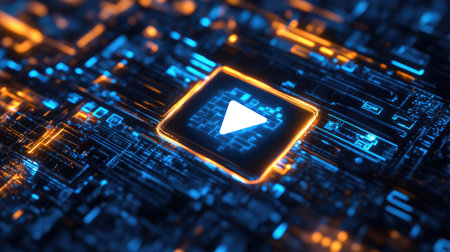 A stylized video play button overlaid on a digital interface, highlighting the role of video content in marketingの素材