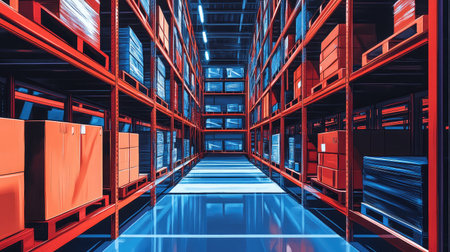 A warehouse scene with shelves stocked with packages, ready for shipment, illustrating the logistics of e-commerceの素材