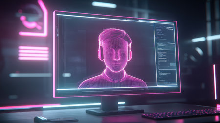 A virtual shopping assistant icon on a computer screen, symbolizing AI integration in e-commerceの素材