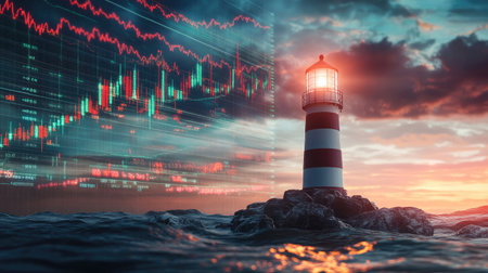 A lighthouse shining over turbulent financial charts, representing guidance and stability in financial planningの素材