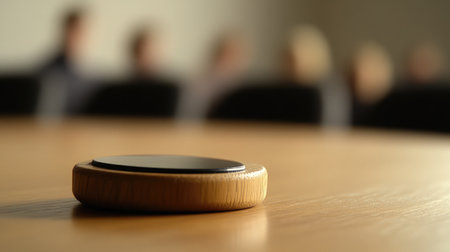 A close-up of a digital clicker resting on a wooden podium, ready to advance presentation slidesの素材