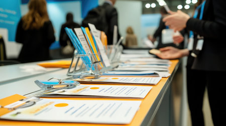A close-up of a registration desk with neatly organized badges and lanyards, awaiting attendeesの素材
