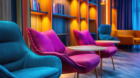 A close-up of a networking lounge area with comfortable chairs, low tables, and ambient lightingの素材