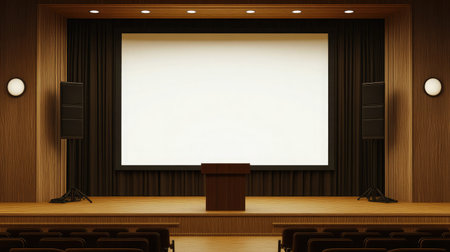 A well-lit stage with a lectern and a large blank screen behind, prepared for a corporate presentationの素材