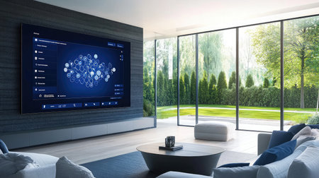 A modern meeting room with a large screen displaying a mind map, indicating creative business planningの素材