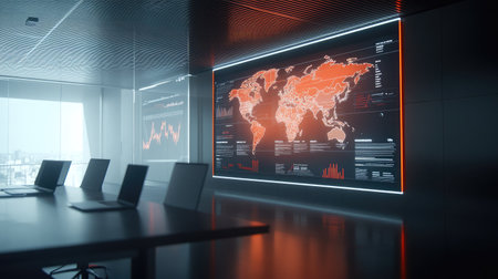 A sleek laptop connected to a projector, displaying a keynote slide with a world map and data pointsの素材