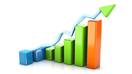 A bar graph with ascending bars made of digital pixels, indicating growth in online marketing metricsの素材