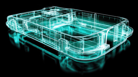 A holographic blueprint of a new product design, symbolizing the planning stage of innovationの素材