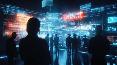 A holographic interface displaying interconnected nodes, illustrating the network of collaborative innovationの素材