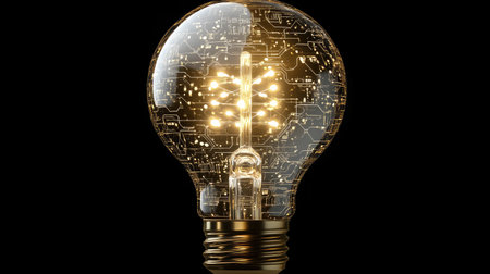 A stylized lightbulb with a digital circuit pattern, representing innovative ideas in digital marketingの素材