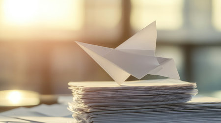 A paper airplane launching from a stack of documents, symbolizing innovative ideas taking flight from traditional foundationsの素材