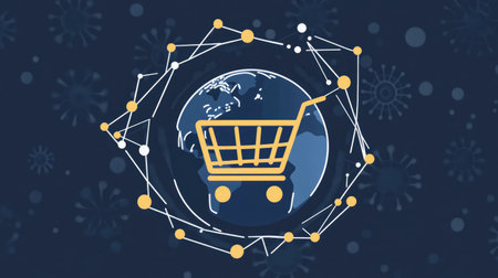 A shopping cart icon connected to a globe, symbolizing global reach through e-commerce marketingの素材