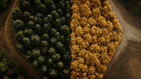 Aerial shot of a sunflower field forming a vibrant yellow mosaic, illustrating large-scale cultivation of oilseed crops.の素材