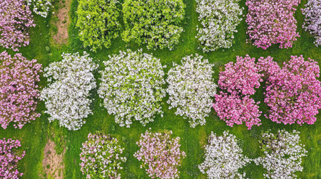 Aerial view of an orchard in full bloom, with rows of fruit trees displaying a sea of white and pink blossoms.の素材