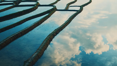 Aerial shot of terraced rice paddies filled with water, reflecting the sky, showcasing traditional farming techniques in hilly terrain.の素材