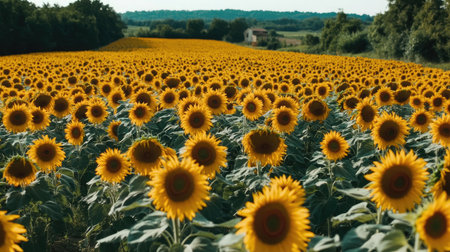 Aerial shot of a sunflower field forming a vibrant yellow mosaic, illustrating large-scale cultivation of oilseed crops.の素材